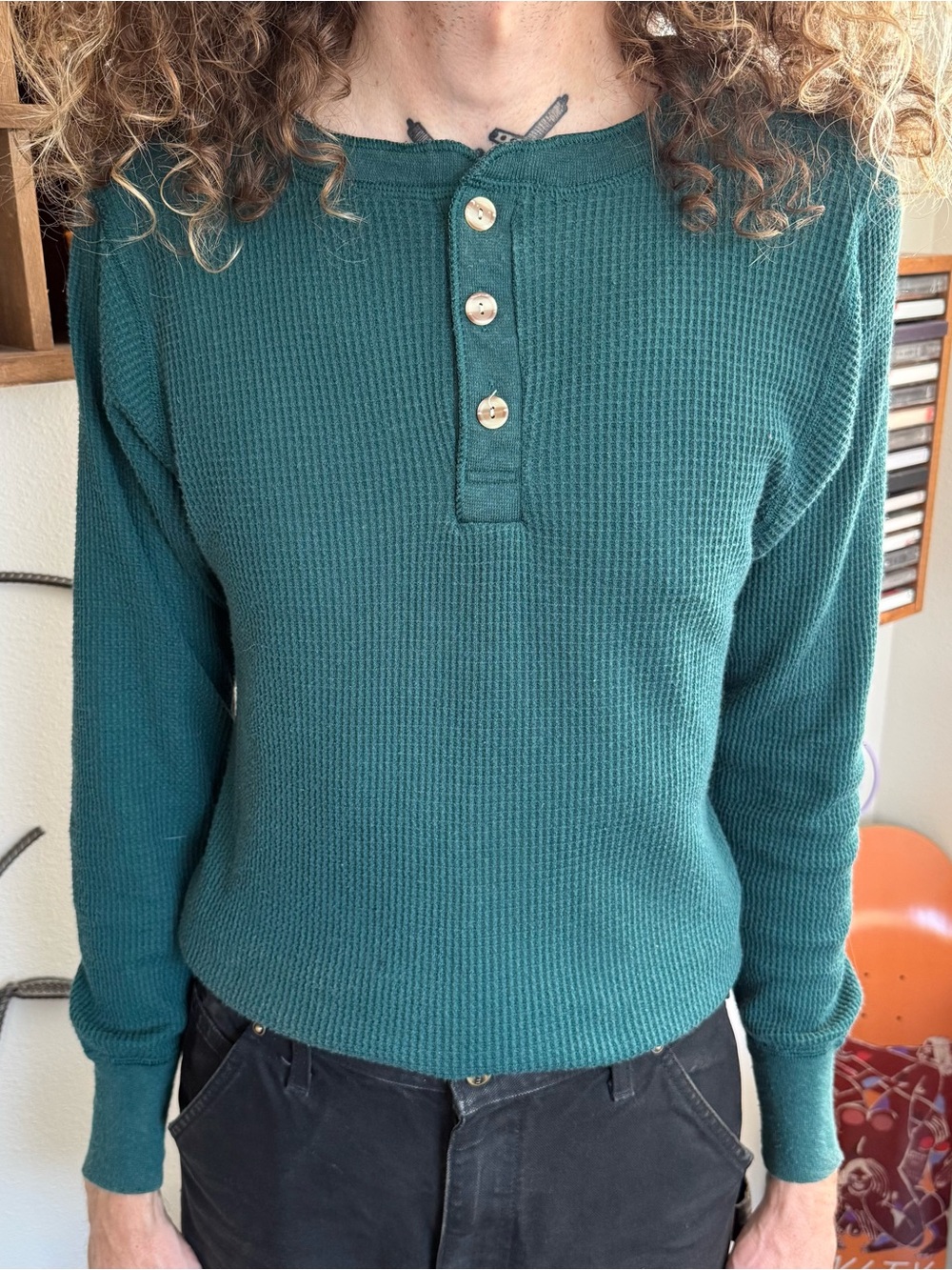 Vintage 70s 80s Green Henley Waffle Thermal JE Morgan ~ Size XL